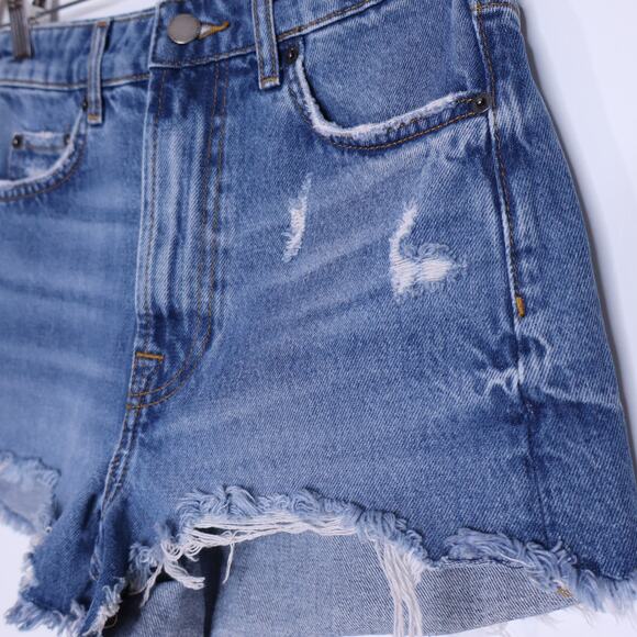 ZARA High Rise Distressed Shorts Classic Blue Denim Button Fly Casual Women's 2 - Picture 3 of 10